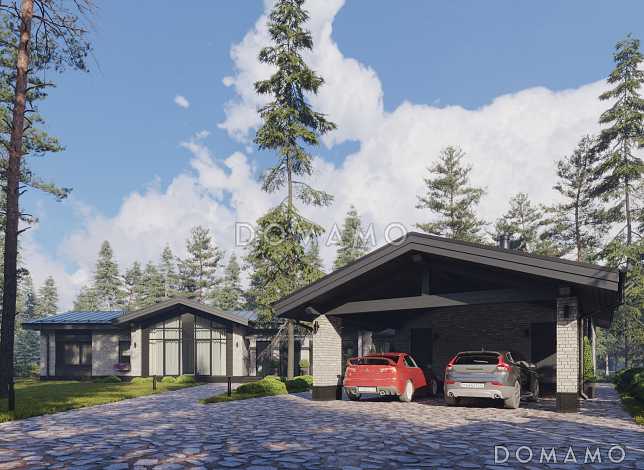 Проект дома сложной формы с навесом для авто, спа-зоной, зимним садом и хозяйской спальней