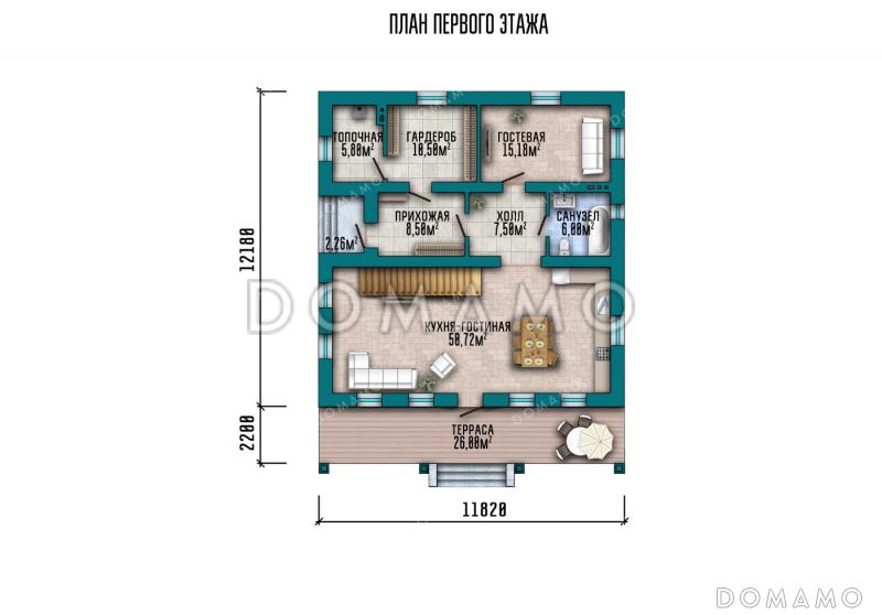 Проект шале с 4 комнатами, террасой, балконами и вторым светом / План 1 этажа