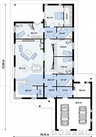 Проект просторного одноэтажного дома из газобетона с фронтальным гаражом, четырьмя спальнями и большой гостиной / План 1 этажа