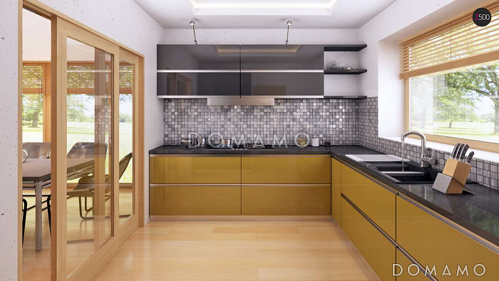 Проект одноэтажного дома из газобетона со стеклянным эркером в просторной гостиной и гаражом на два автомобиля