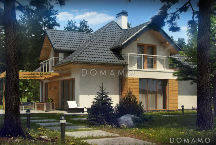 Проект дома с гаражом на две машины, спальней на первом этаже,  балконами и террасой