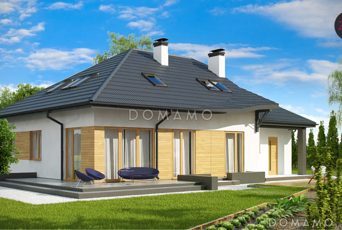 Проект просторного одноэтажного мансардного дома из газобетона с кабинетом, гаражом и комнатой над ним, улучшенная версия