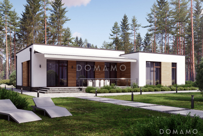 Проект одноэтажного дома с плоской крышей и длинной террасой