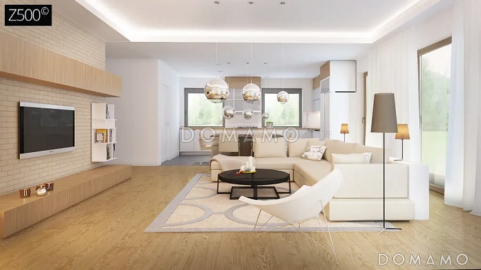 Проект одноэтажного кирпичного дома с гаражом на 2 автомобиля и подвалом