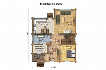 Проект деревянного дома с большими и просторными комнатами / План 1 этажа