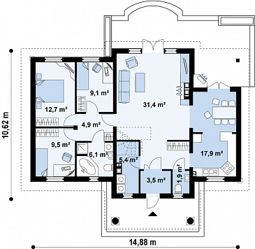 Проект одноэтажного дома из газобетона со свободной планировкой на мансардном этаже / План 1 этажа