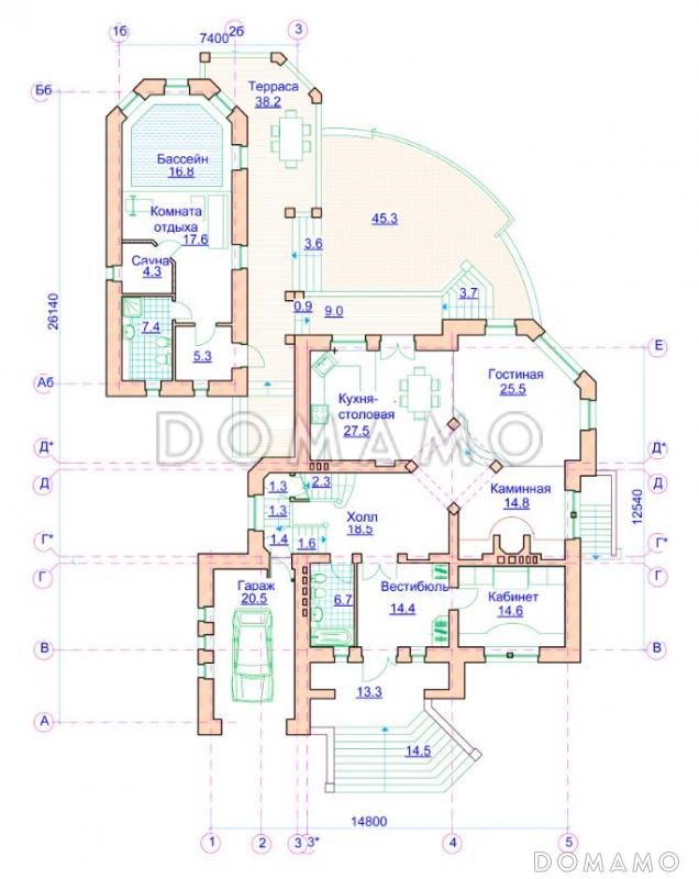 Проект коттеджа с двусветной гостиной, отдельным бассейном и гаражом / План 1 этажа