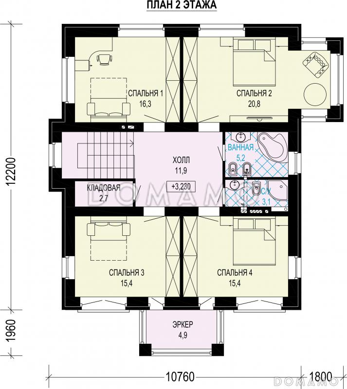 Проект двухэтажного газобетонного загородного дома с просторной гостиной-столовой и четырьмя спальнями / План 2 этажа