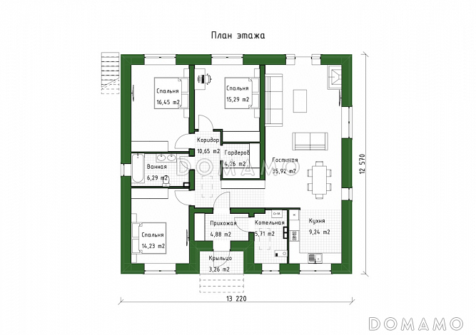 Проект одноэтажного дома из газобетона для небольшой семьи / План 1 этажа