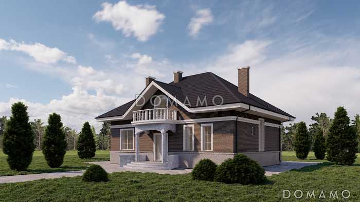 Проект двухэтажного кирпичного дома с тремя балконами, округлыми террасой и крыльцом