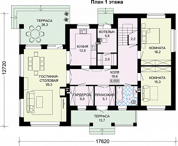 Двухэтажный загородный дом из кирпича / План 1 этажа