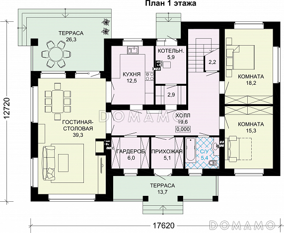 Двухэтажный загородный дом из кирпича / План 1 этажа