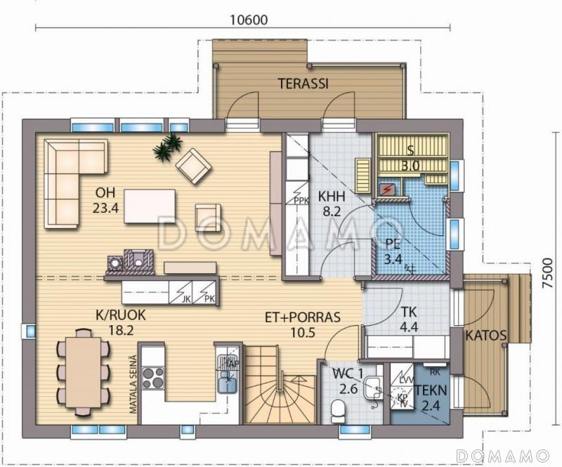 Проект каркасного дома с большой гардеробной в спальной комнате на втором этаже / План 1 этажа