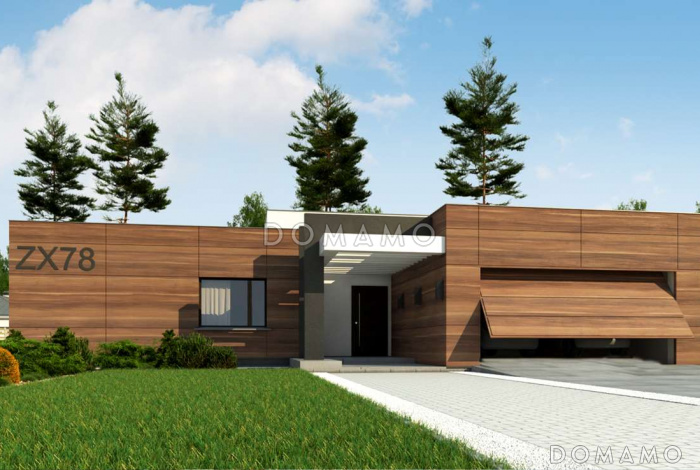 Проект просторного современного одноэтажного дома из кирпича с плоской крышей с тремя спальнями, крытой террасой и гаражом