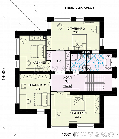 Проект двухэтажного дома из газобетона с крытой террасой, просторной гостиной с камином / План 2 этажа