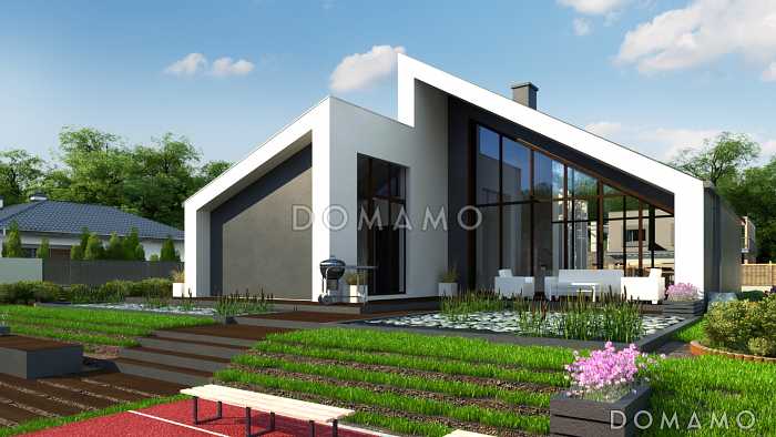 Проект одноэтажного дома с косой крышей, большими террасами, панорамным остеклением дневной зоны