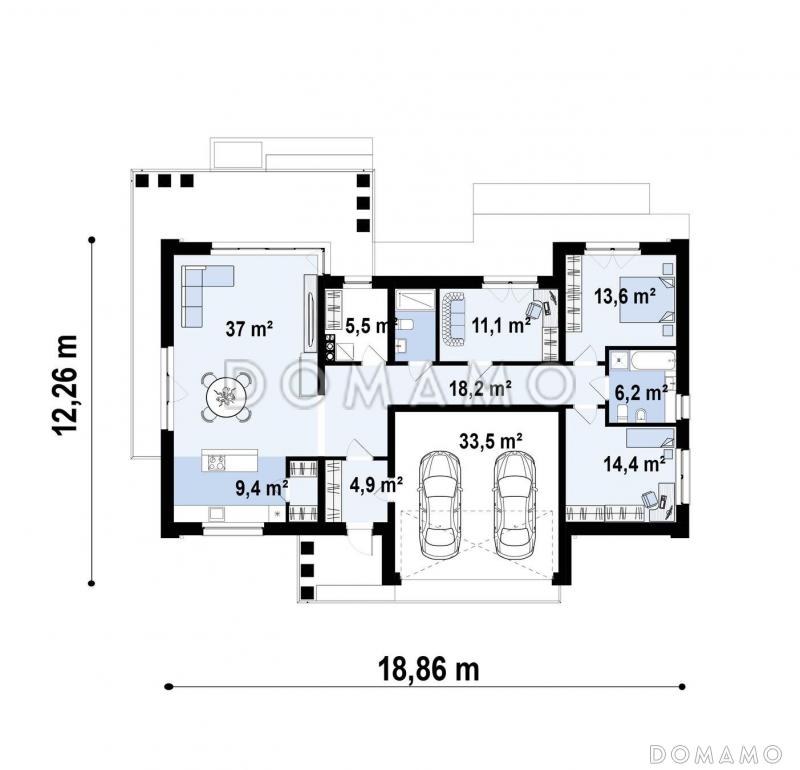 Проект современного одноэтажного дома с гаражом на две машины, кухней по одной стене с кладовой, кабинетом / План 1 этажа