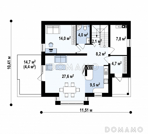 Проект дома с террасой, балконом, мансардными окнами, эркером в гостиной / План 1 этажа