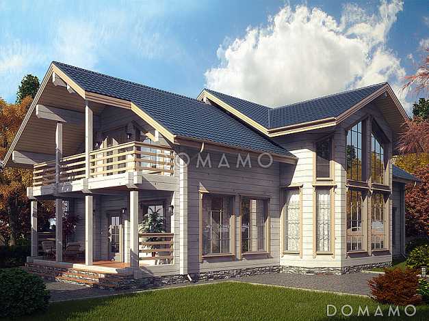 Проект двухэтажного дома из клееного бруса с общим балконам на две спальни
