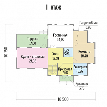 Проект каркасного дома с большими окнами / План 1 этажа