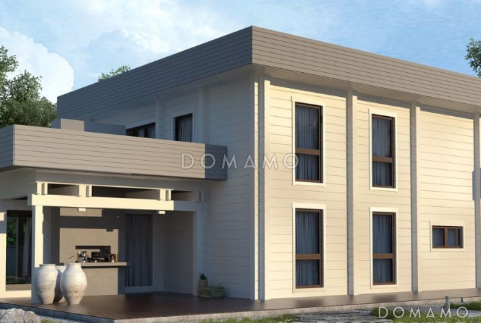 Проект двухэтажного дома из клееного бруса с панорамным остеклением в спальне