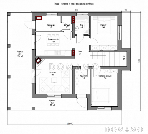 Проект двухэтажного дома с плоской крышей, изолированной кухней-столовой, гостиной с выходом на террасу, гостевой комнатой / План 1 этажа