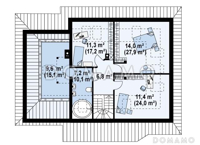 Проект просторного одноэтажного мансардного дома из кирпича с кабинетом, гаражом и комнатой над ним, улучшенная версия / План мансардного этажа
