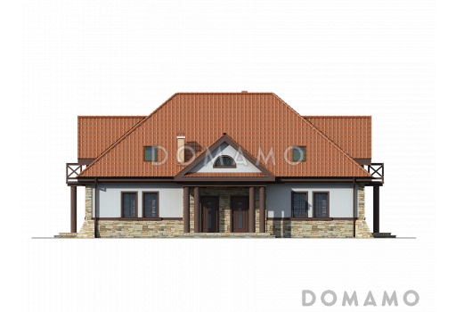 Проект комфортного одноэтажного мансардного дома из газобетона для двух семей в стиле русской усадьбы / Фасад 1