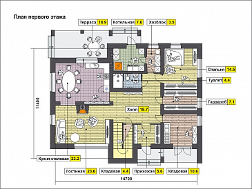 Проект дома с крытой террасой, гостиной с камином, большой кладовой, спальней на первом этаже, вторым светом, остекленной лоджией и балконом / План 1 этажа