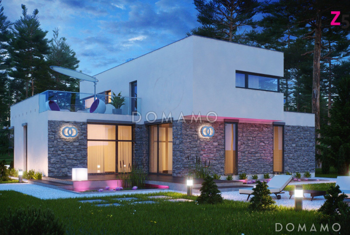 Проект современного двухэтажного дома из кирпича в стиле модерн, с террасой на втором уровне, с гаражом