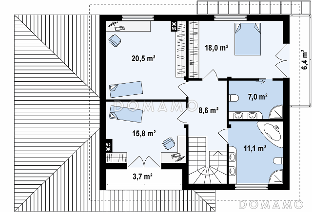 Проект двухэтажного дома из газобетона с эркером и балконом над ним, с тремя спальнями, кабинетом и гаражом / План 2 этажа