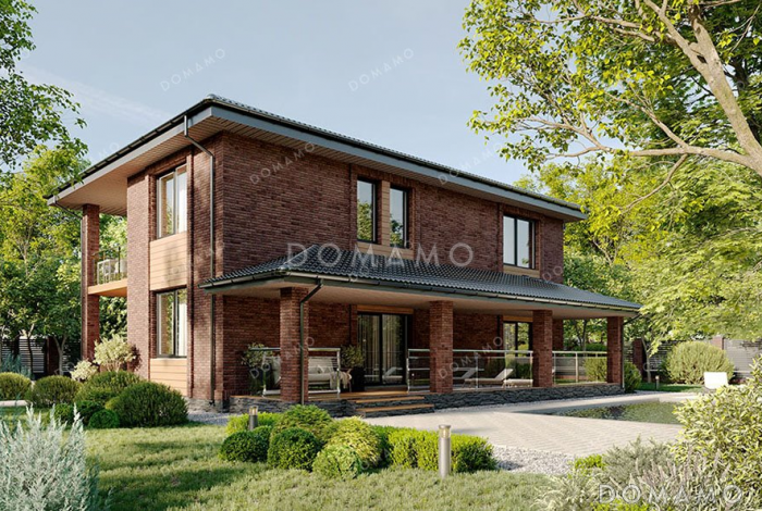 Проект двухэтажного дома с просторной террасой и тремя спальнями