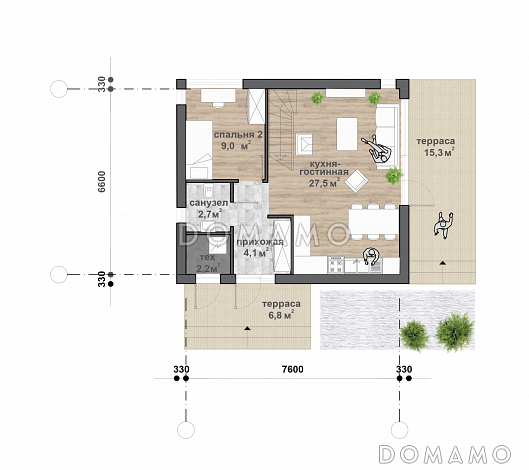 C-122 двухэтажный дом / План 1 этажа