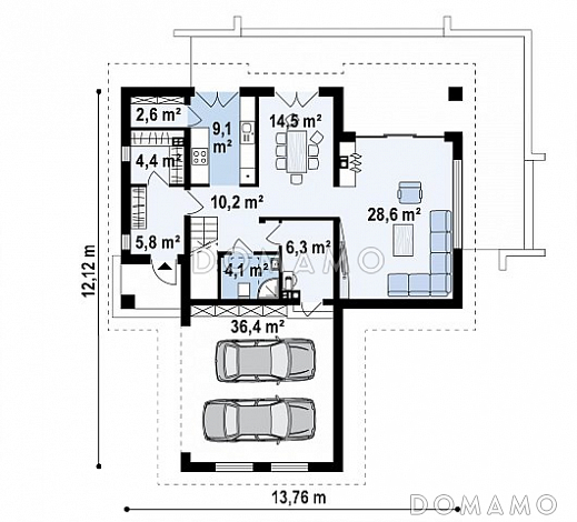 Проект комфортного одноэтажного мансардного дома из газобетона с гаражом для двух автомобилей / План 1 этажа