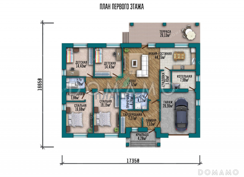 Проект одноэтажного дома с гаражом и большой террасой / План 1 этажа