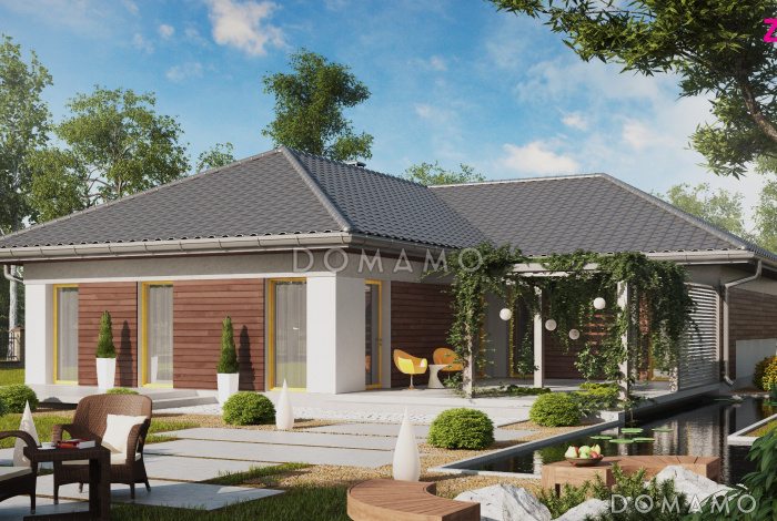 Проект одноэтажного дома из газобетона с большой террасой в угловой части дома и гаражом 