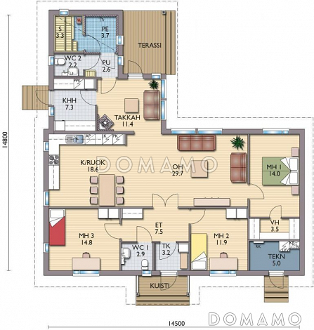 Проект каркасного дома г-образной формы в плане / План 1 этажа