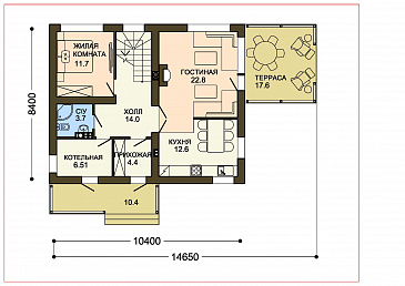 Проект двухэтажного жилого дома со строгой отделкой и удобной террасой / План 1 этажа