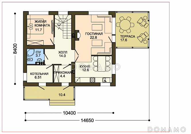Проект двухэтажного жилого дома со строгой отделкой и удобной террасой / План 1 этажа