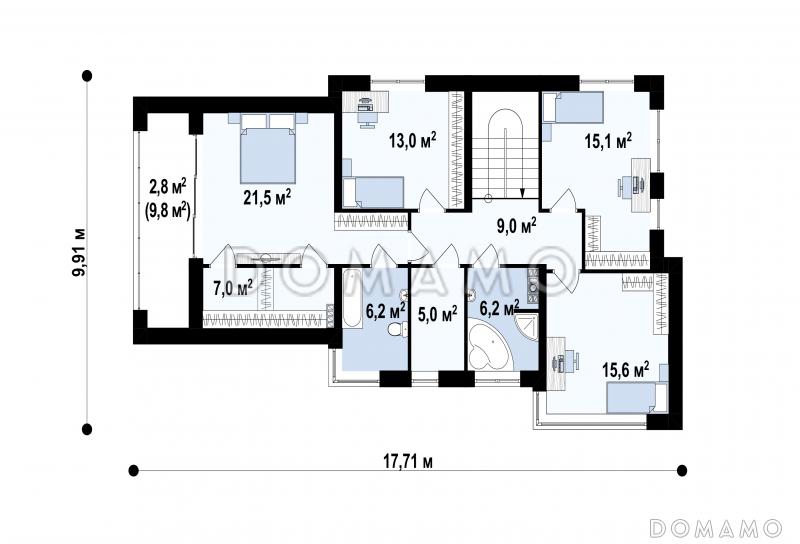 Проект современного загородного дома с гаражом на 2 автомобиля, террасой, большой кухней, кабинетом / План 2 этажа