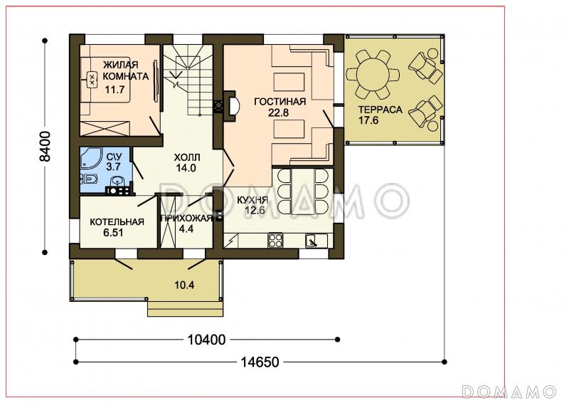 Проект двухэтажного жилого дома со строгой отделкой и удобной террасой / План 1 этажа