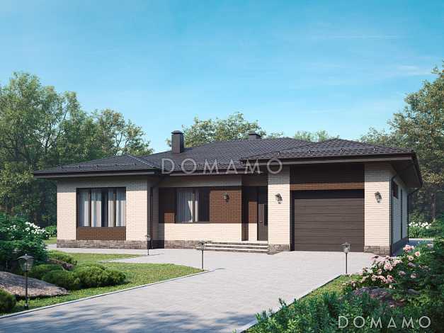 Проект одноэтажного дома с гаражом на один автомобиль, террасой, детскими комнатами, просторной гостиной