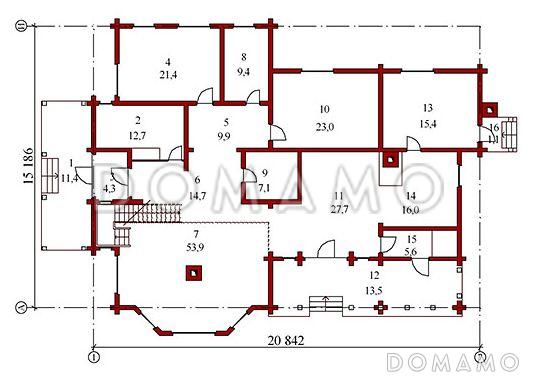 Проект двухэтажного дома из бруса / План 1 этажа