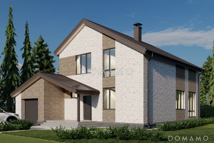 Проект двухэтажного кирпичного дома с гаражом на два машиноместа, тремя спальнями и кабинетом на втором этаже