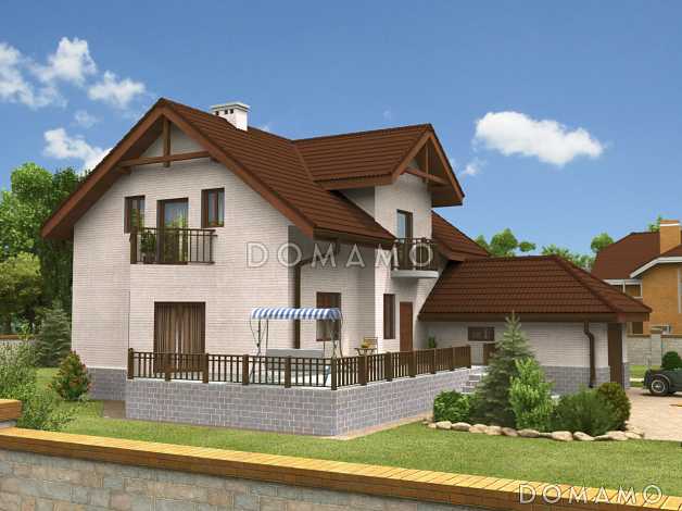 Проект дома с треугольным эркером и гаражом на одну машину