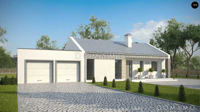 Проект одноэтажного дома из кирпича с современными элементами дизайна, с двумя спальнями и просторной дневной зоной и гаражом на 2 автомобиля