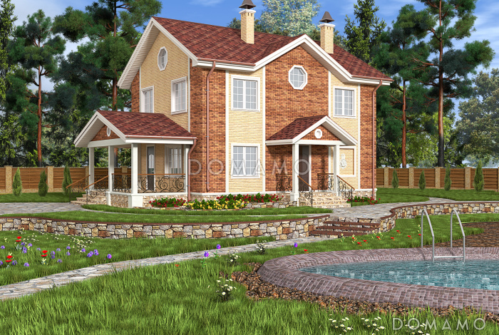 Проект небольшого двухэтажного кирпичного коттеджа с террасой при кухне