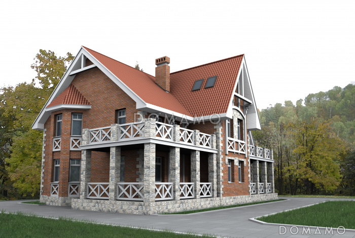 Загородный дом с двумя террасами, залом с бассейном, сауной, спортзалом на мансардном этаже