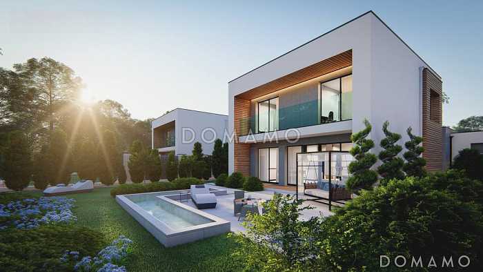 Проект современного загородного дома с плоской крышей, кладовой под лестницей, вытянутой ванной на втором этаже