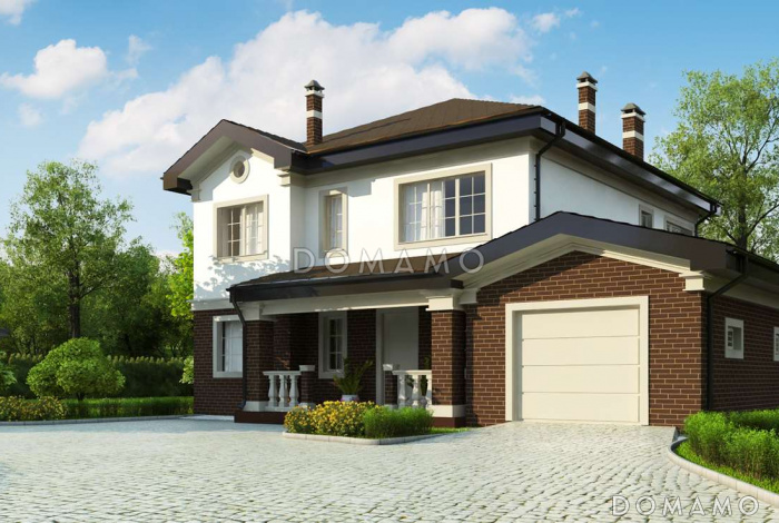 Проект современного двухэтажного дома из газобетона с четырьмя комнатами, гаражом и зимним садом на втором этаже